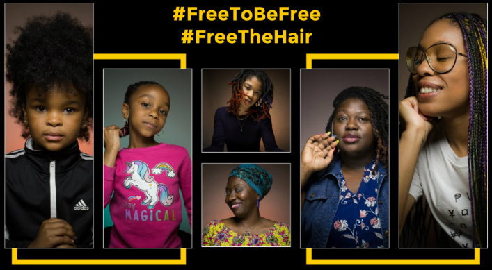 Photos of Black women and girls, #FreeToBeFree and #FreeTheHair campaign